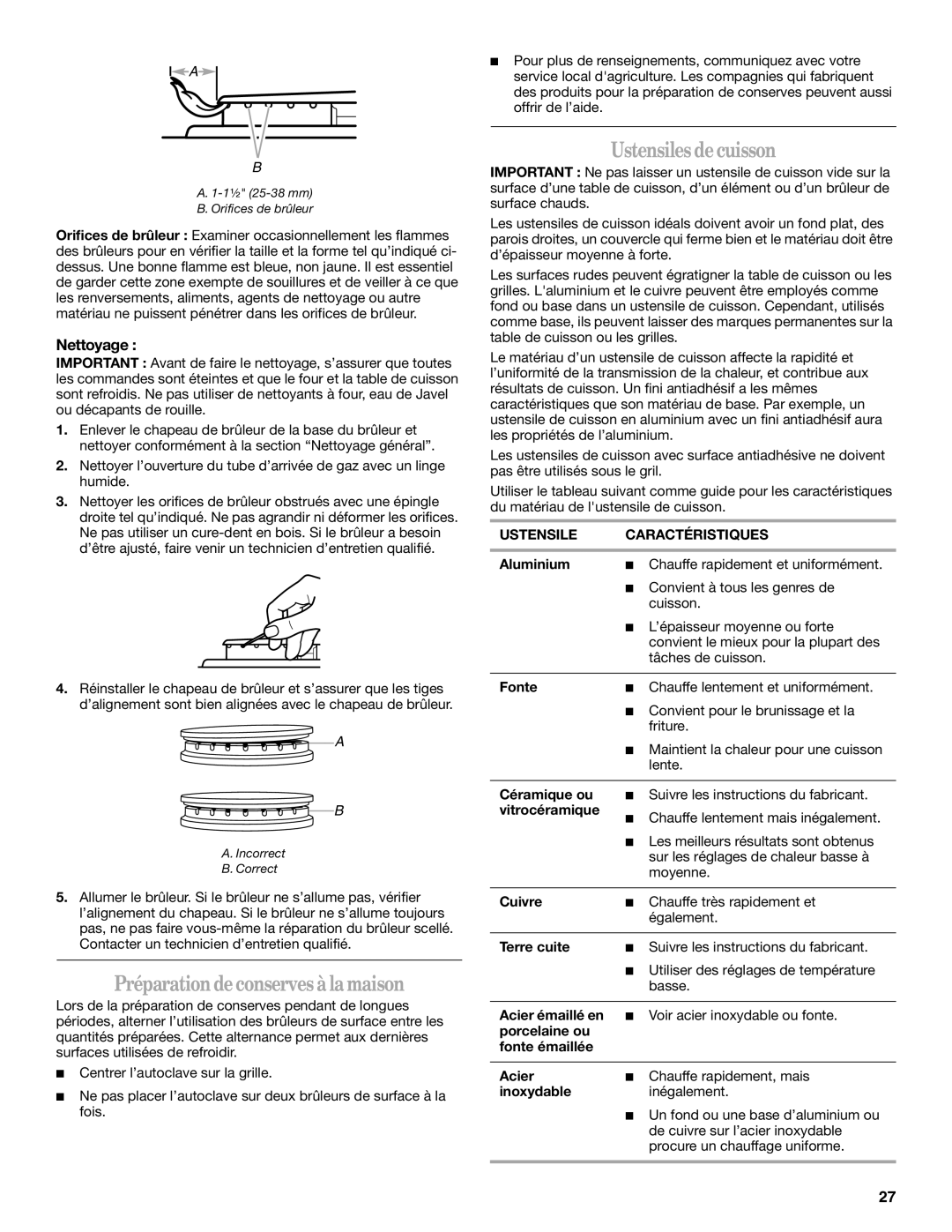 Whirlpool GS440LEMB5 manual Préparationdeconserves àlamaison, Ustensiles decuisson, Ustensile Caractéristiques 