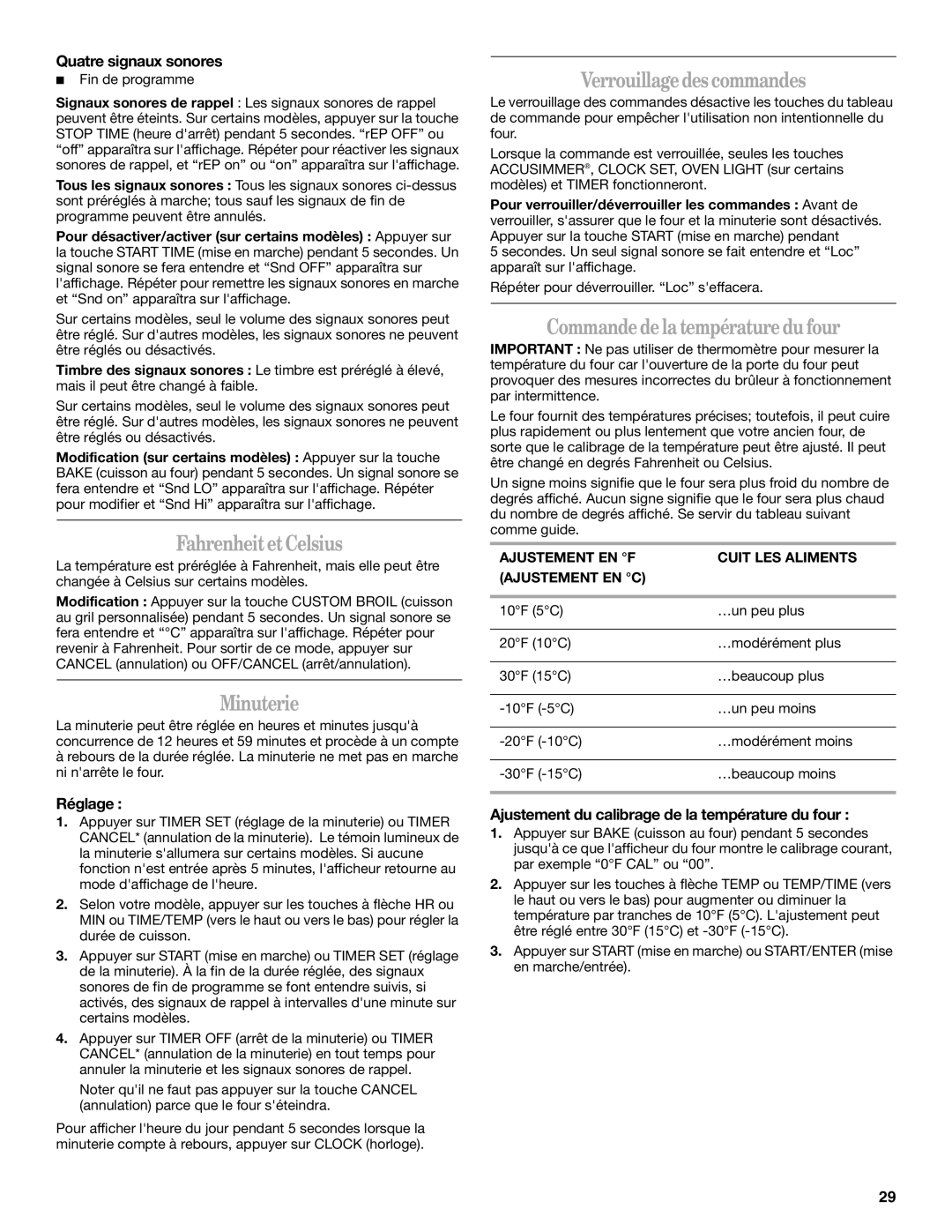 Whirlpool GS440LEMB5 manual FahrenheitetCelsius, Minuterie, Verrouillagedes commandes, Commandedelatempératuredu four 