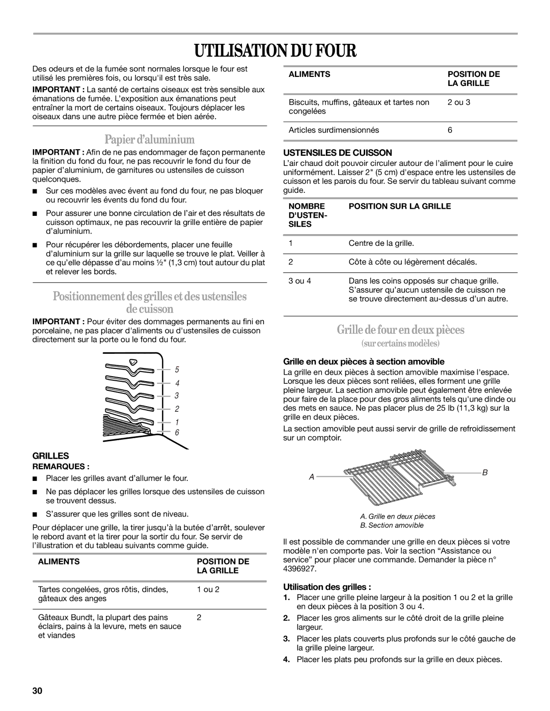 Whirlpool GS440LEMB5 manual Utilisation DU Four, Papierd’aluminium, Positionnementdesgrilles etdesustensiles Decuisson 