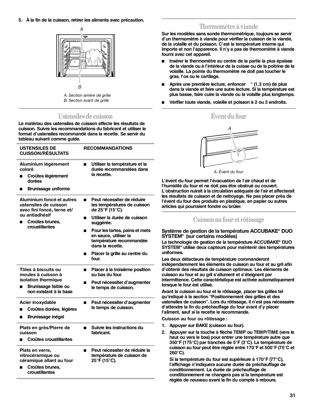 Whirlpool GS440LEMB5 manual Thermomètreà viande, Éventdu four, Cuissonau fouretrôtissage 