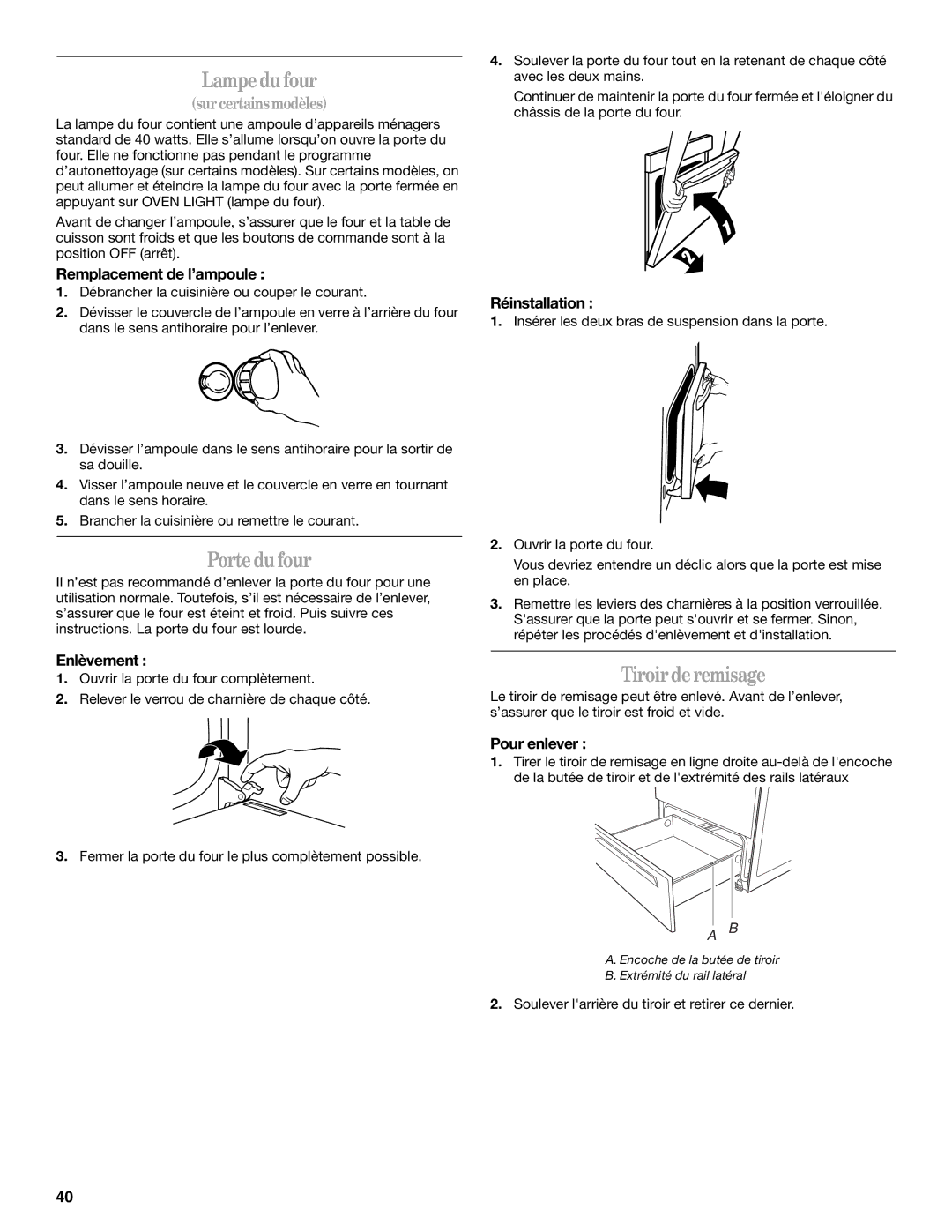 Whirlpool GS440LEMB5 manual Lampedufour, Portedu four, Tiroirderemisage 