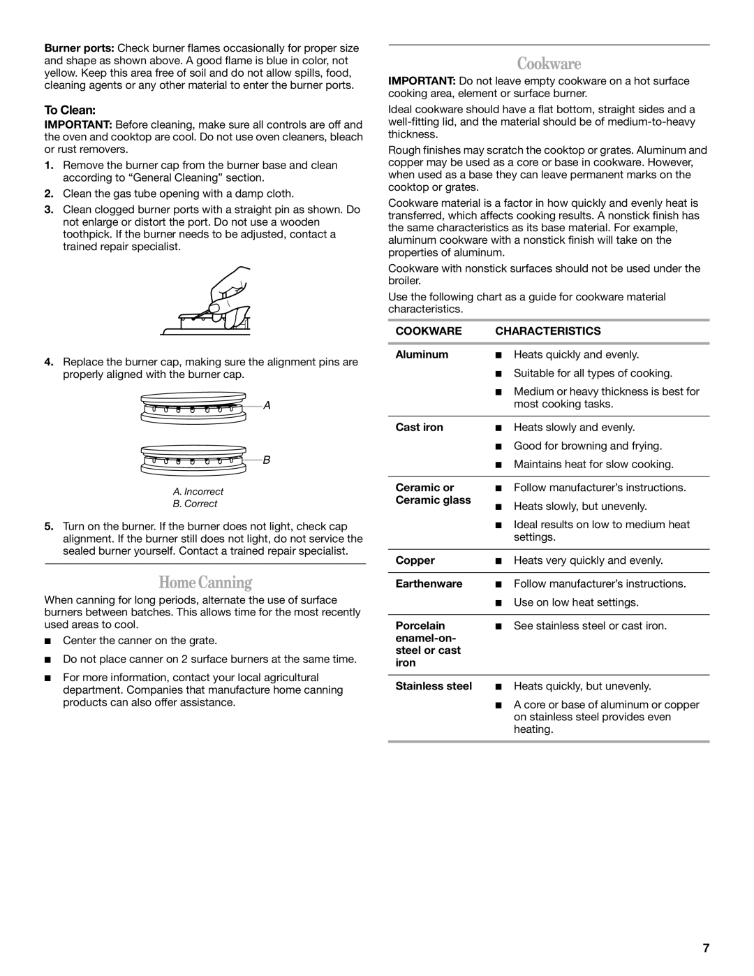 Whirlpool GS440LEMB5 manual HomeCanning, Cookware Characteristics 