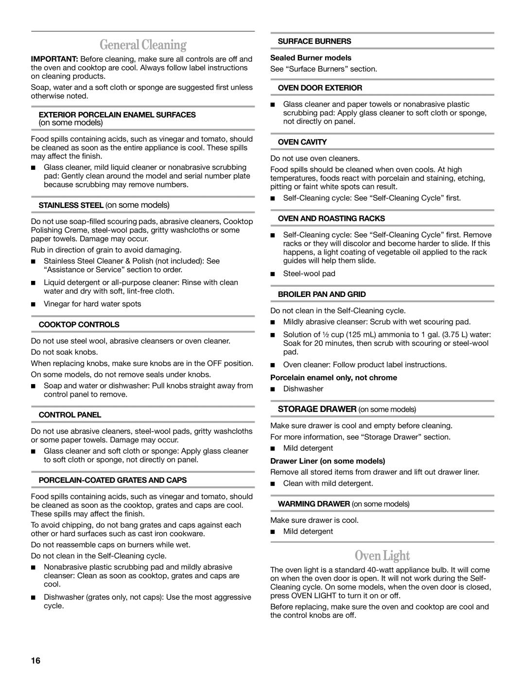 Whirlpool GS458LEL, GS465LEL, GS470LEL, GS440LEL, GS475LEL, GS460LEL, GS445LEL manual General Cleaning, Oven Light 