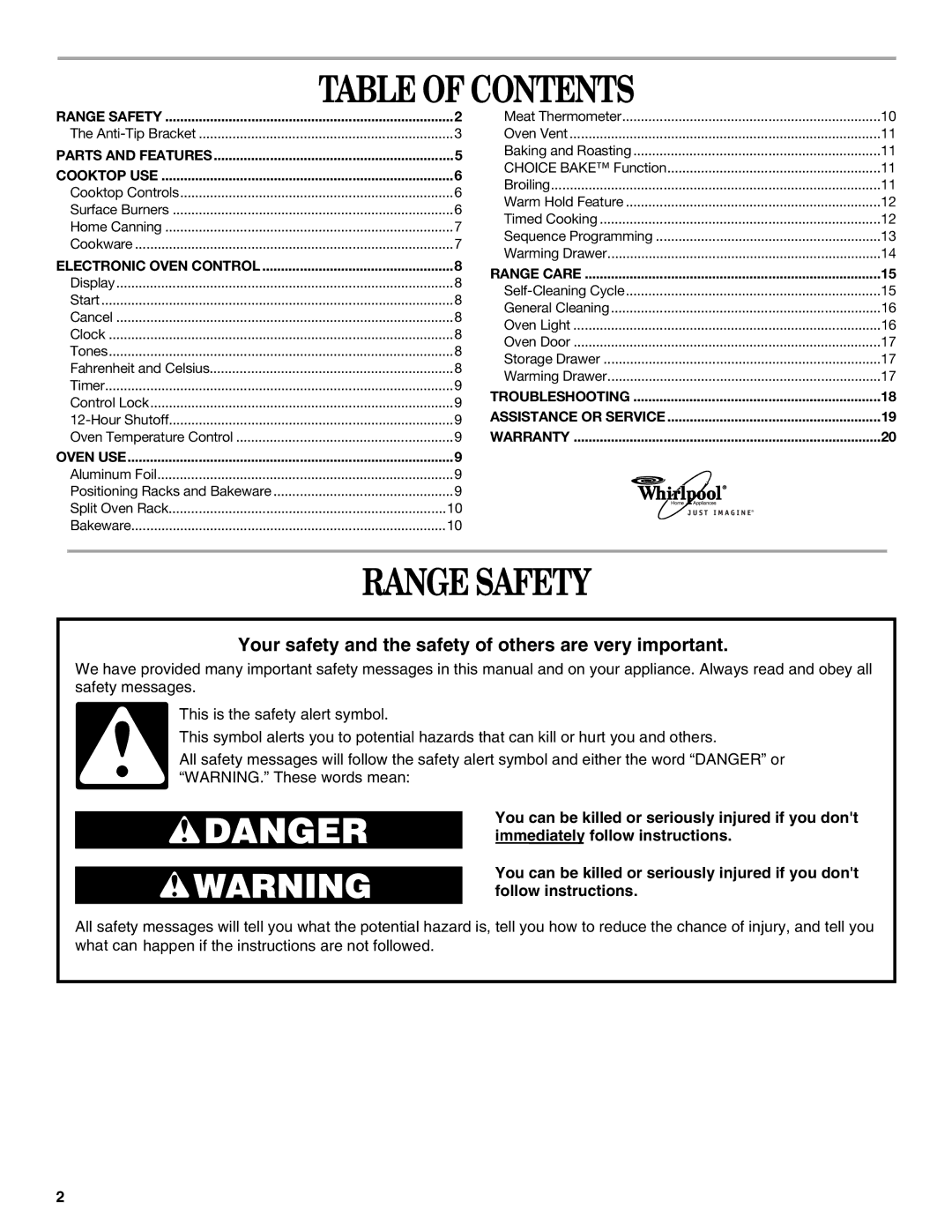 Whirlpool GS458LEL, GS465LEL, GS470LEL, GS440LEL, GS475LEL, GS460LEL, GS445LEL manual Table of Contents, Range Safety 