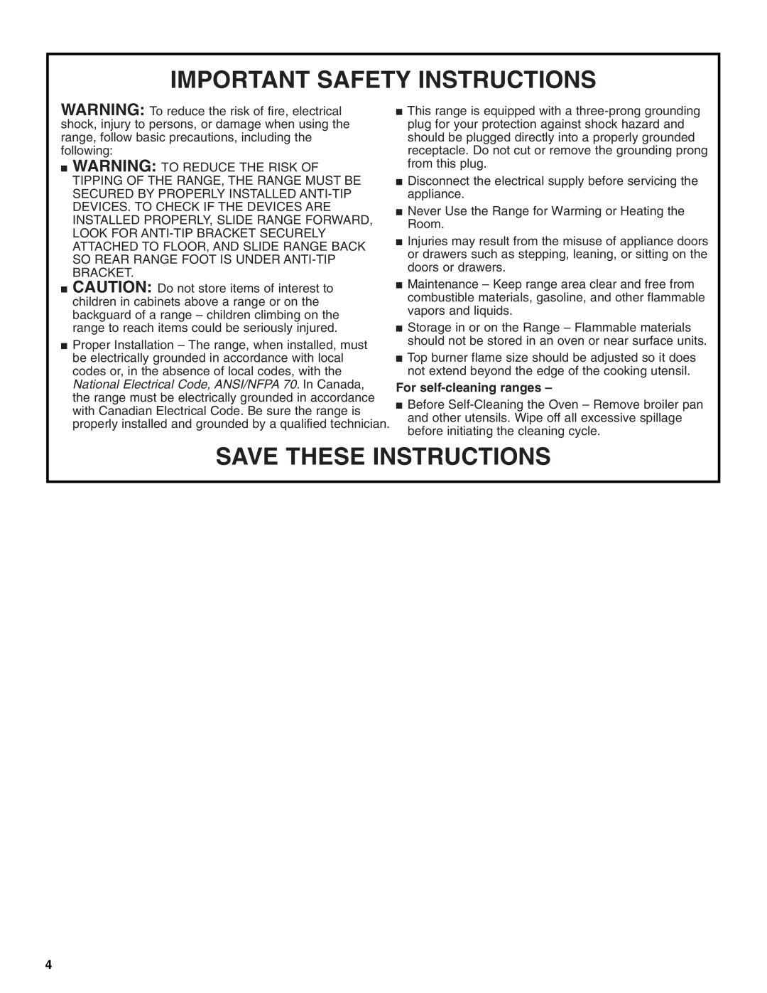 Whirlpool GS475LEL, GS465LEL, GS470LEL Important Safety Instructions, Save These Instructions, For self-cleaning ranges 
