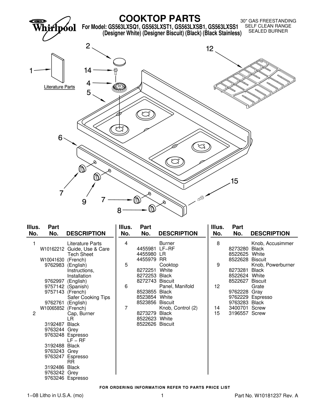 Whirlpool GS563LXST1, GS563LXSS1, GS563LXSB1, GS563LXSQ1 manual Cooktop Parts 