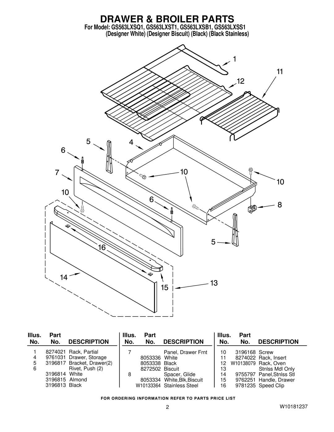 Whirlpool GS563LXSB1, GS563LXSS1, GS563LXST1, GS563LXSQ1 manual Drawer & Broiler Parts, Description 