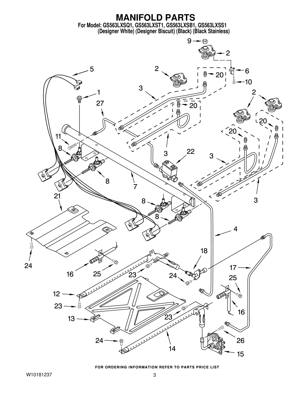 Whirlpool GS563LXSQ1, GS563LXSS1, GS563LXST1, GS563LXSB1 manual Manifold Parts 