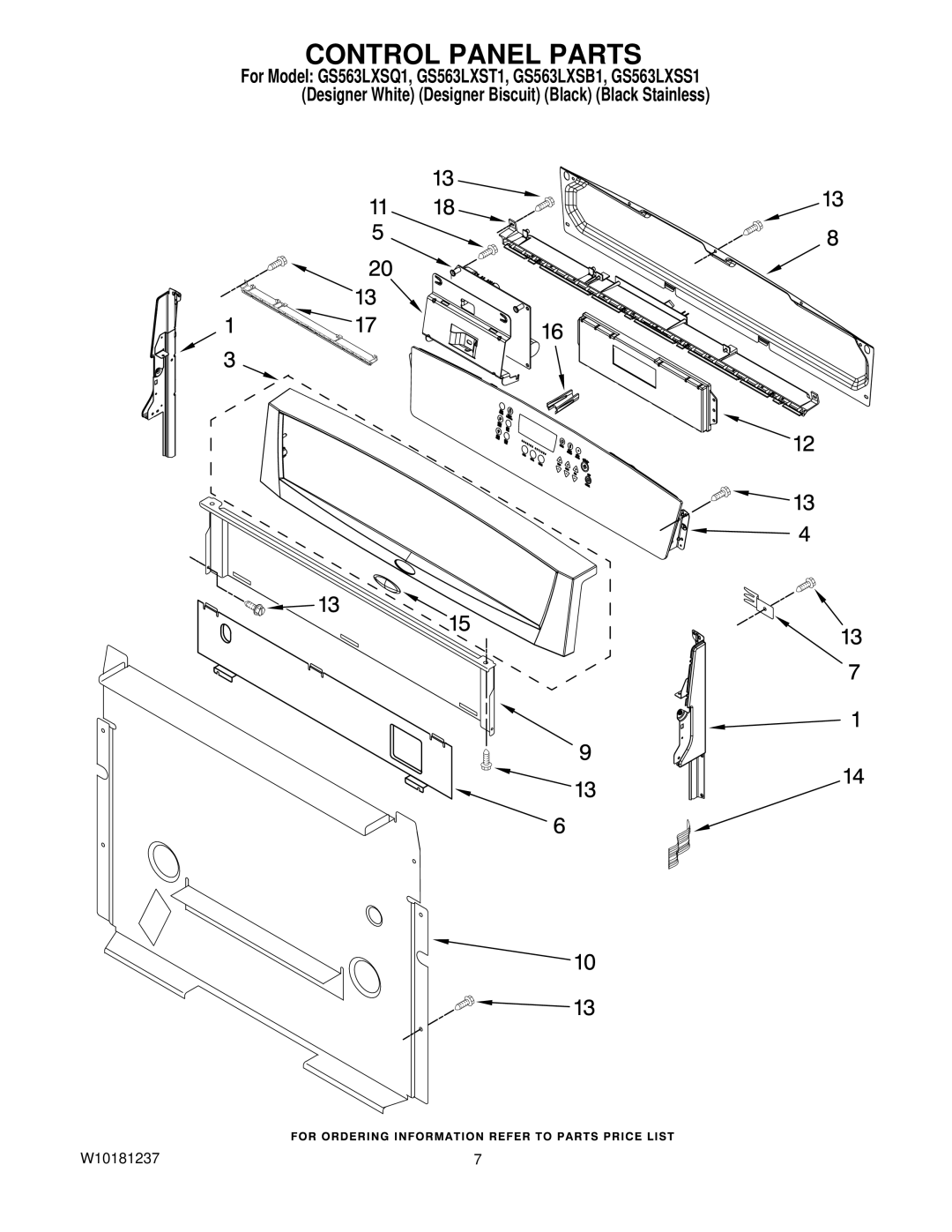 Whirlpool GS563LXSQ1, GS563LXSS1, GS563LXST1, GS563LXSB1 manual Control Panel Parts 