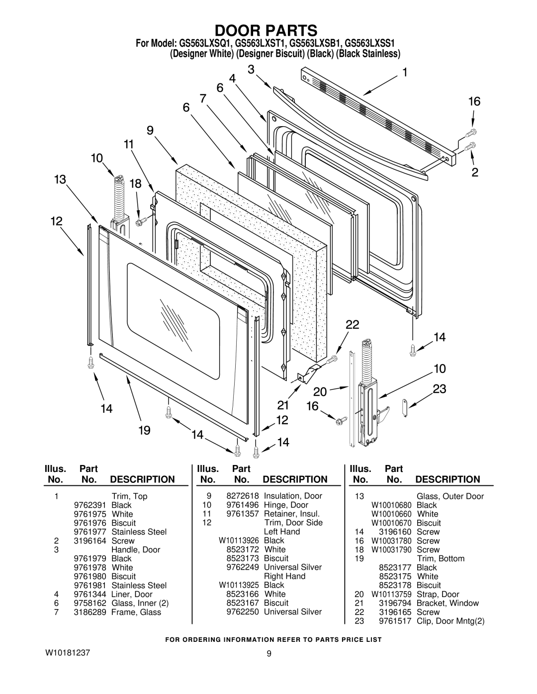 Whirlpool GS563LXST1, GS563LXSS1, GS563LXSB1, GS563LXSQ1 manual Door Parts 