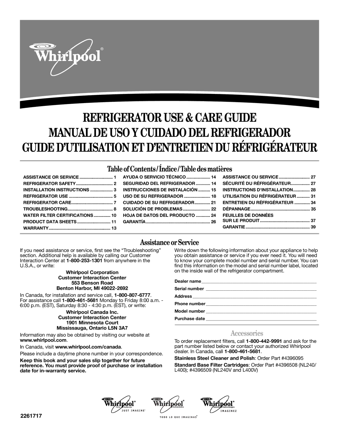 Whirlpool GS5SHAXNT warranty Refrigerator USE & Care Guide, Accessories 