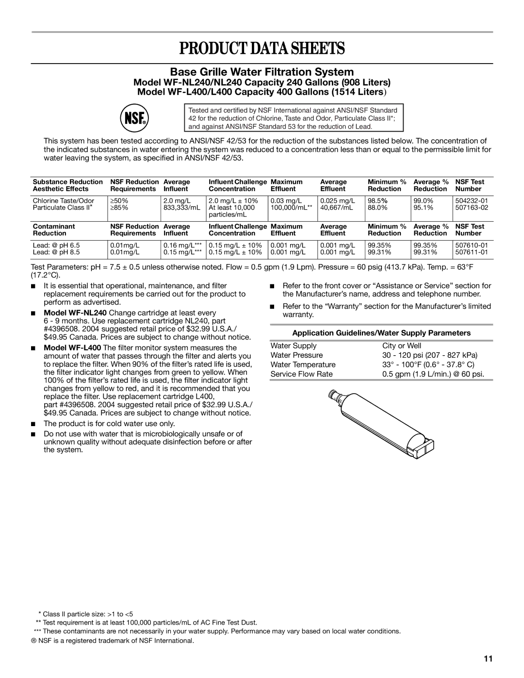 Whirlpool GS5SHAXNT warranty Product Data Sheets, Application Guidelines/Water Supply Parameters 