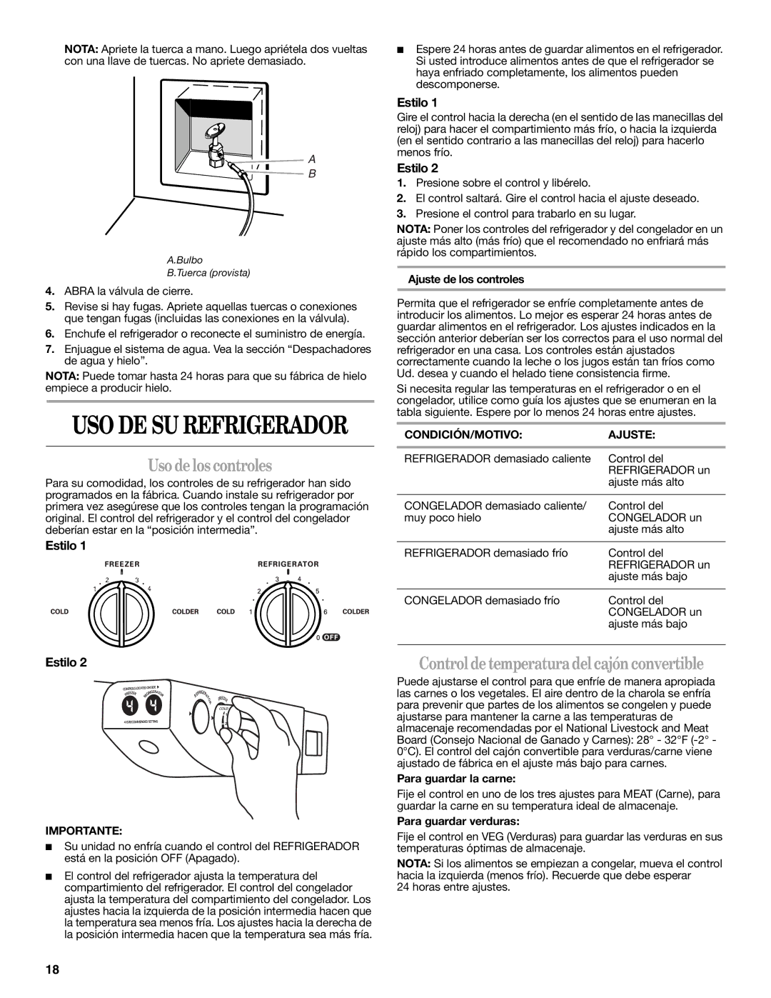 Whirlpool GS5SHAXNT warranty Uso delos controles, Controldetemperaturadelcajón convertible, CONDICIÓN/MOTIVO Ajuste 