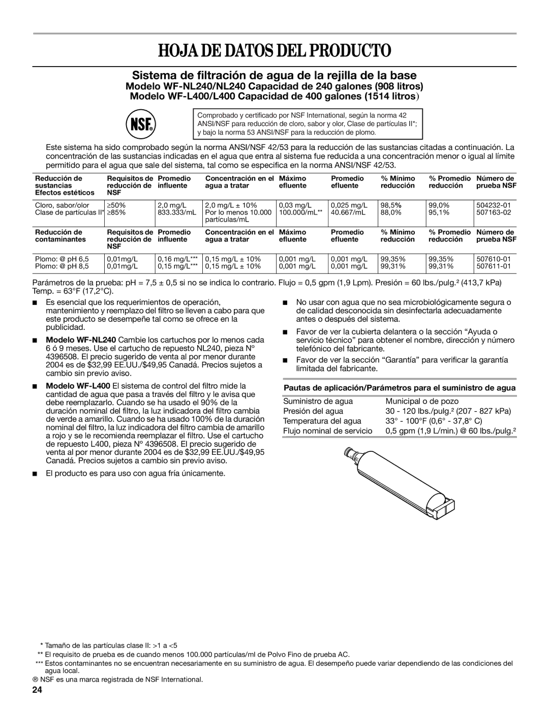 Whirlpool GS5SHAXNT warranty Hoja DE Datos DEL Producto, Pautas de aplicación/Parámetros para el suministro de agua 