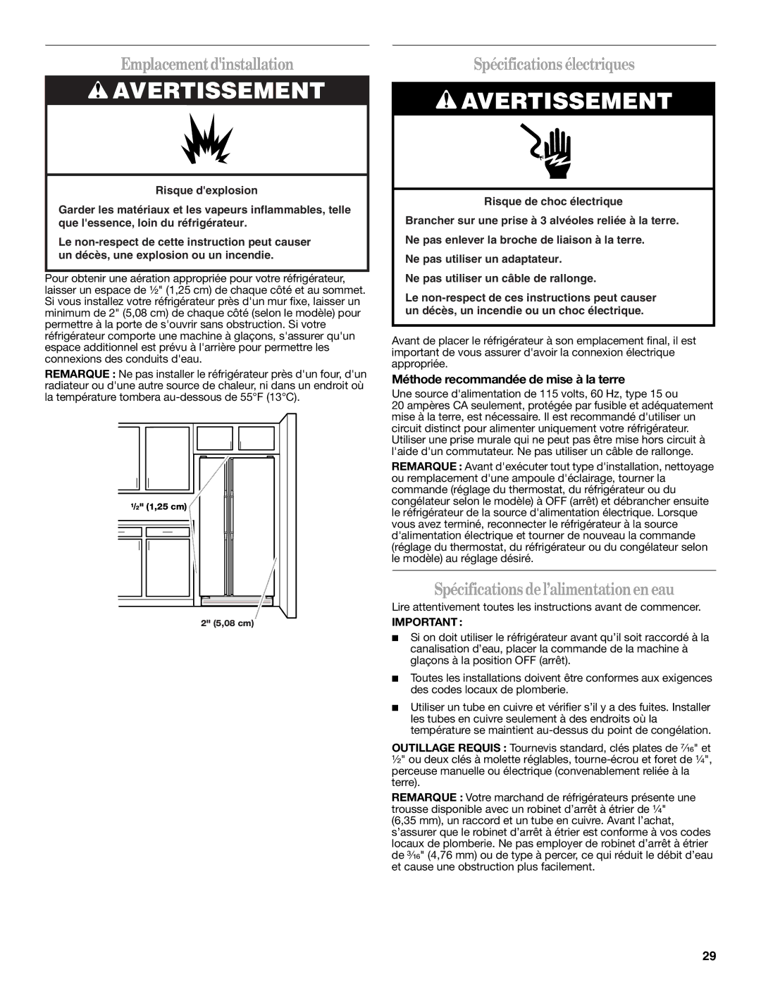 Whirlpool GS5SHAXNT warranty Emplacementdinstallation, Spécifications électriques, Spécifications del’alimentationen eau 