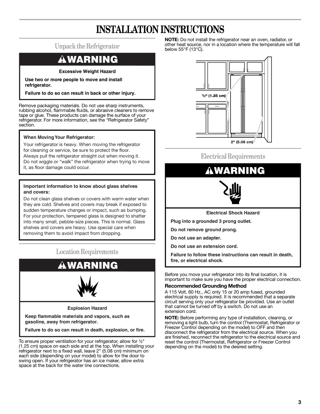 Whirlpool GS5SHAXNT Installation Instructions, UnpacktheRefrigerator, LocationRequirements, Electrical Requirements 