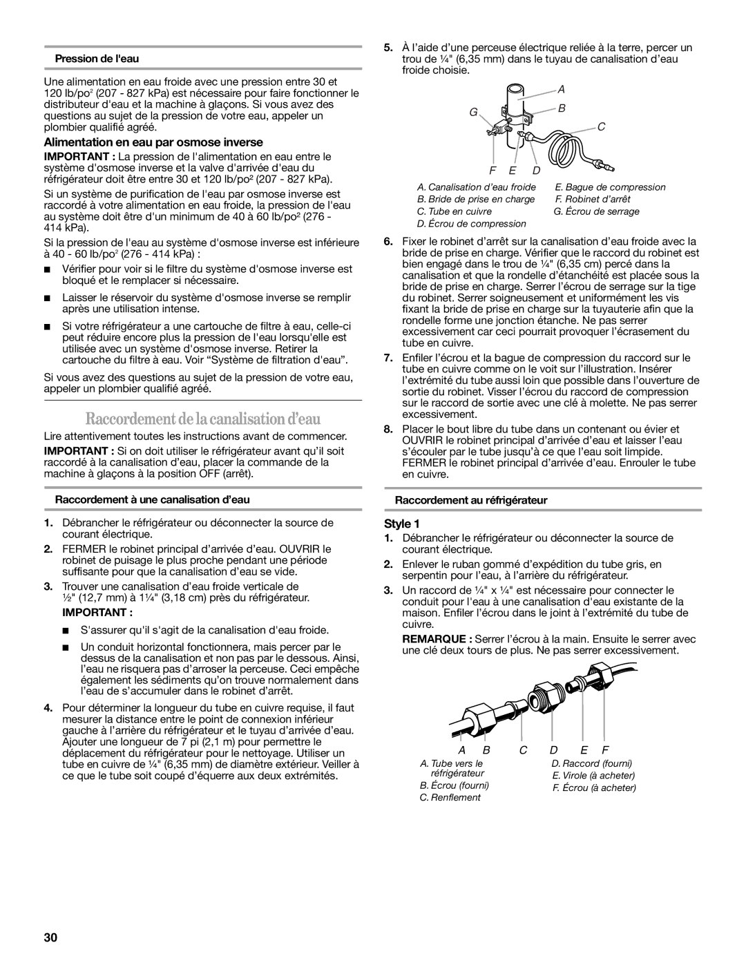 Whirlpool GS5SHAXNT warranty Raccordementdelacanalisation d’eau, Alimentation en eau par osmose inverse, Pression de leau 