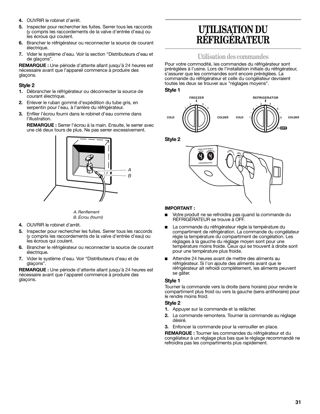 Whirlpool GS5SHAXNT warranty Utilisation DU Réfrigérateur, Utilisationdes commandes 