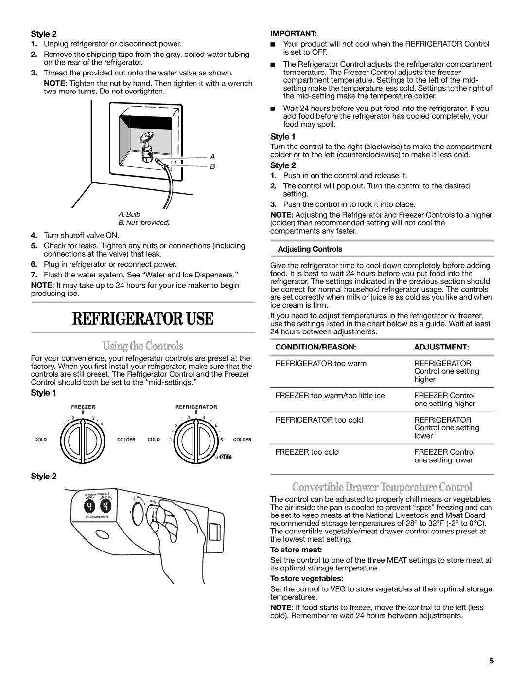 Whirlpool GS5SHAXNT Refrigerator USE, UsingtheControls, Convertible DrawerTemperature Control, CONDITION/REASON Adjustment 