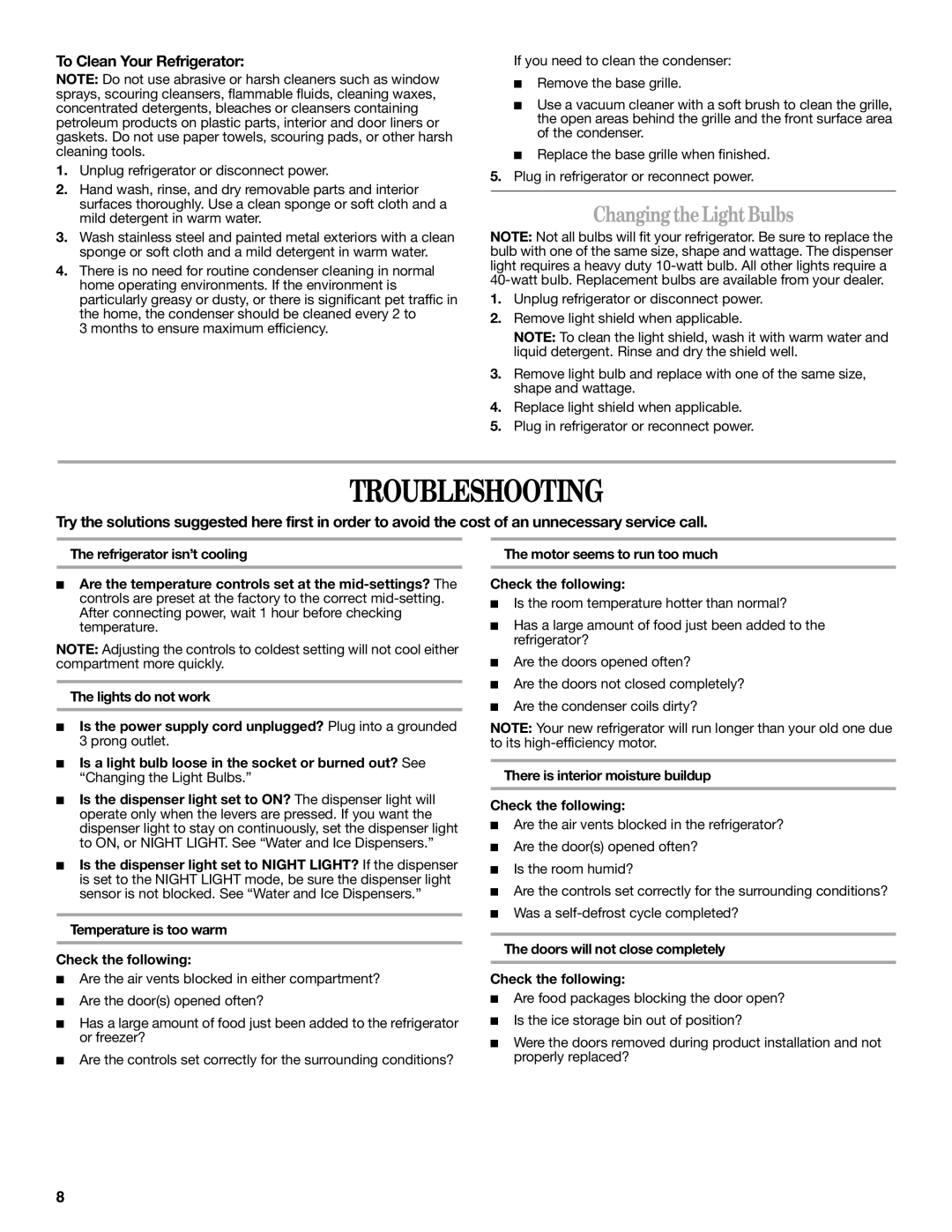 Whirlpool GS5SHAXNT warranty Troubleshooting, Changing theLightBulbs, To Clean Your Refrigerator 