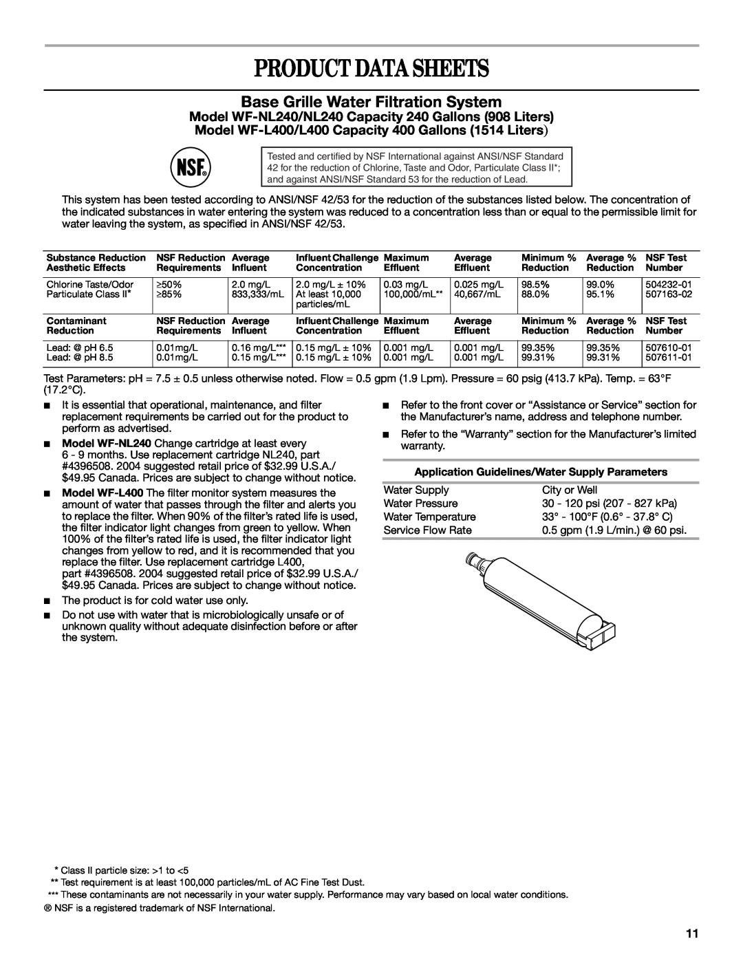Whirlpool GS5SHAXNT warranty Product Data Sheets, Base Grille Water Filtration System 