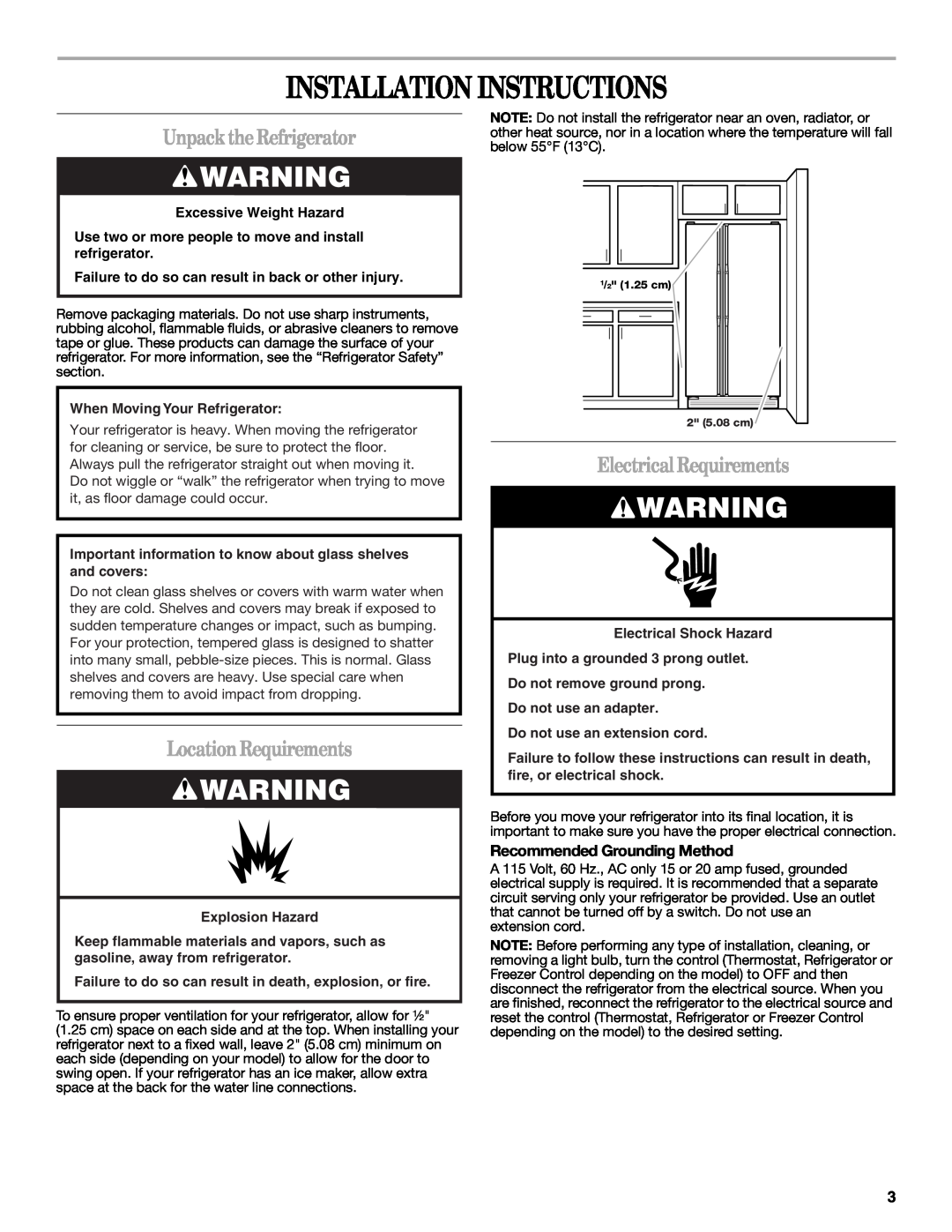 Whirlpool GS5SHAXNT Installation Instructions, UnpacktheRefrigerator, LocationRequirements, Electrical Requirements 