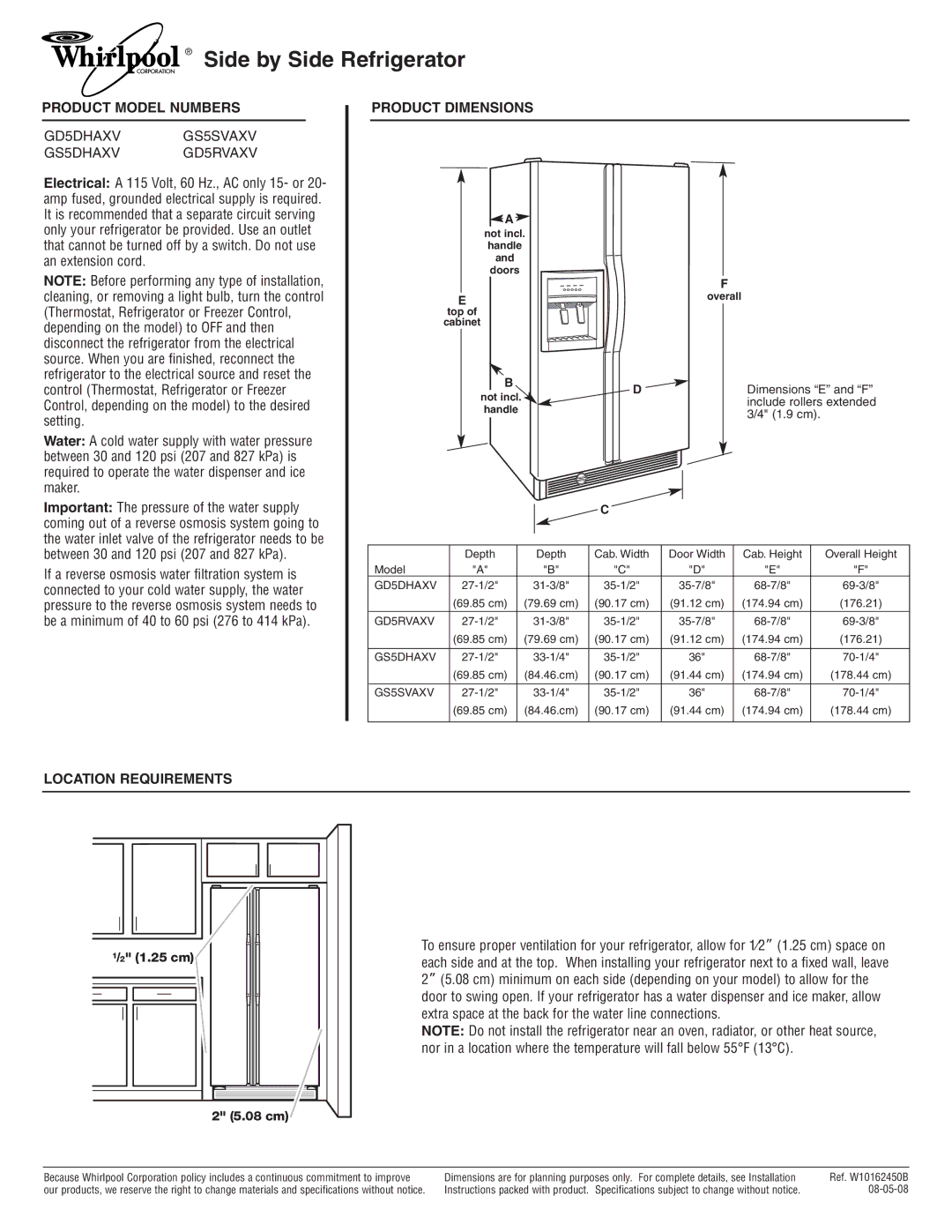 Whirlpool GS5DHAXV dimensions Side by Side Refrigerator, Product Model Numbers, Product Dimensions, Location Requirements 