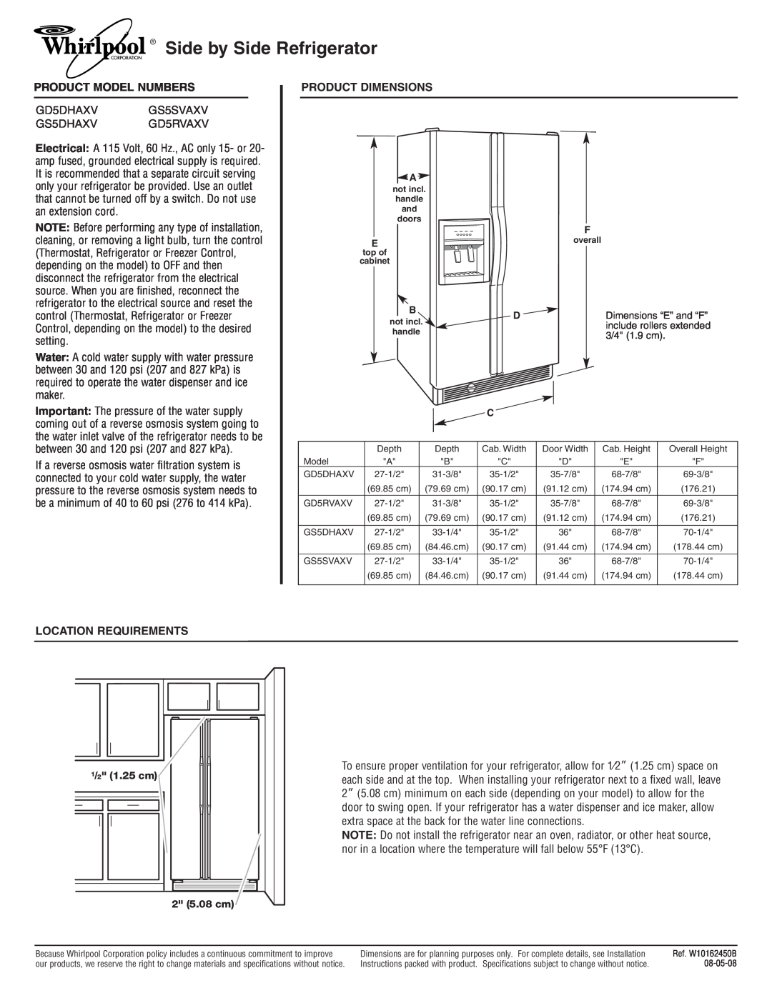 Whirlpool GS5DHAXV dimensions Side by Side Refrigerator, Product Model Numbers, Product Dimensions, Location Requirements 