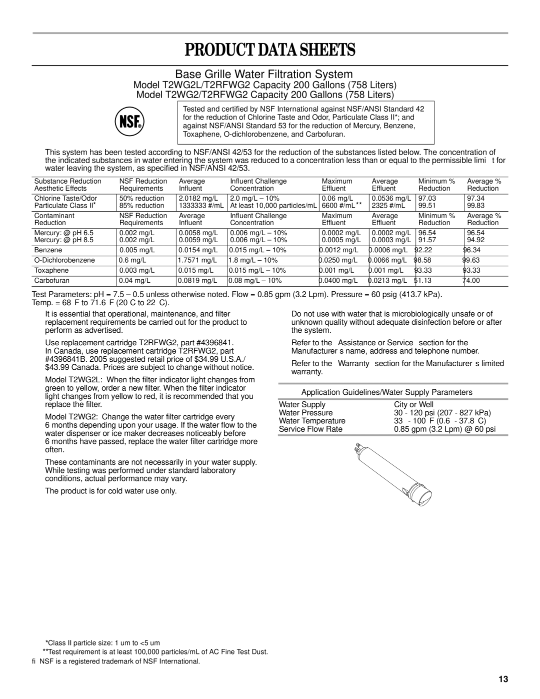 Whirlpool GS6NBEXRB01, GS6NBEXRB00, GS6NBEXRQ01 warranty Product Data Sheets, Application Guidelines/Water Supply Parameters 