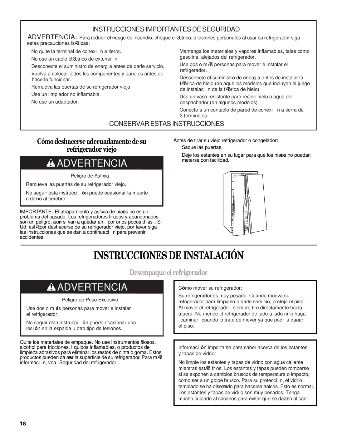 Whirlpool GS6NBEXRS00, GS6NBEXRB01, GS6NBEXRB00, GS6NBEXRQ01 warranty Instrucciones DE Instalación, Desempaqueel refrigerador 