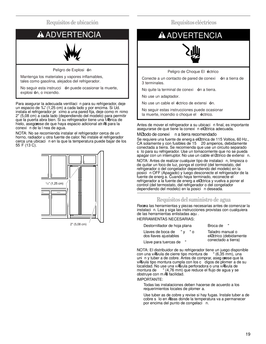 Whirlpool GS6NBEXRT00, GS6NBEXRB01 warranty Requisitos deubicación, Requisitoseléctricos, Requisitosdelsuministro de agua 