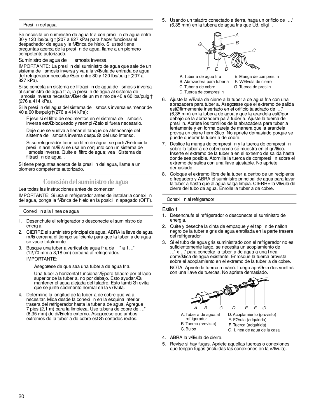 Whirlpool GS6NBEXRL00, GS6NBEXRB01 warranty Conexióndelsuministro de agua, Suministro de agua de ósmosis inversa, Estilo 