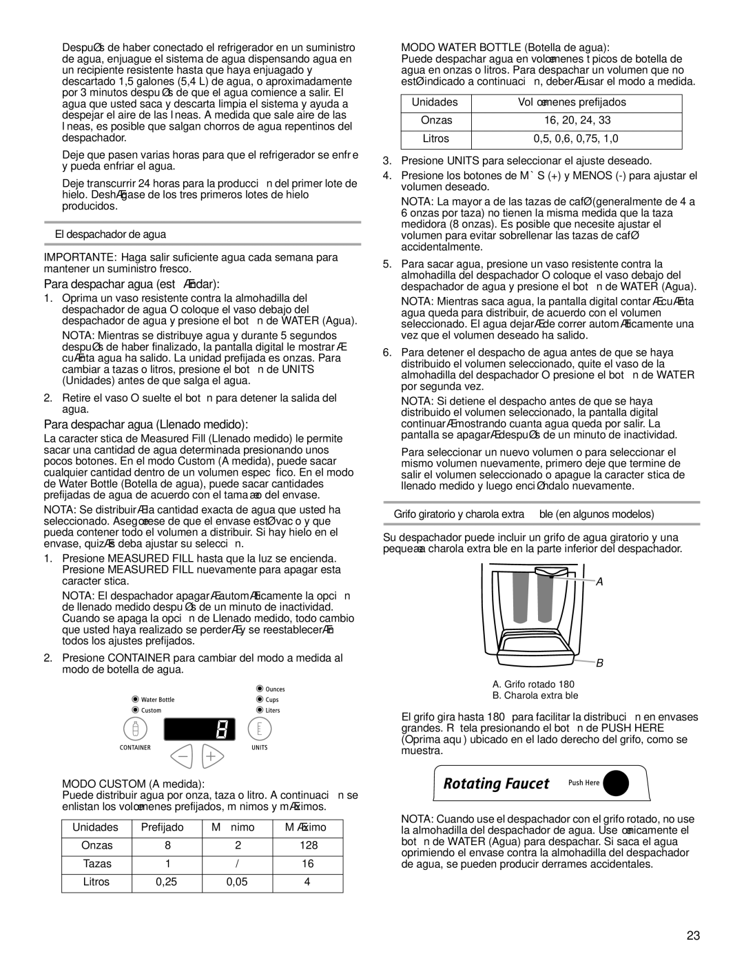 Whirlpool GF6NFEXRB01, GS6NBEXRB01, GS6NBEXRB00 warranty Para despachar agua estándar, Para despachar agua Llenado medido 