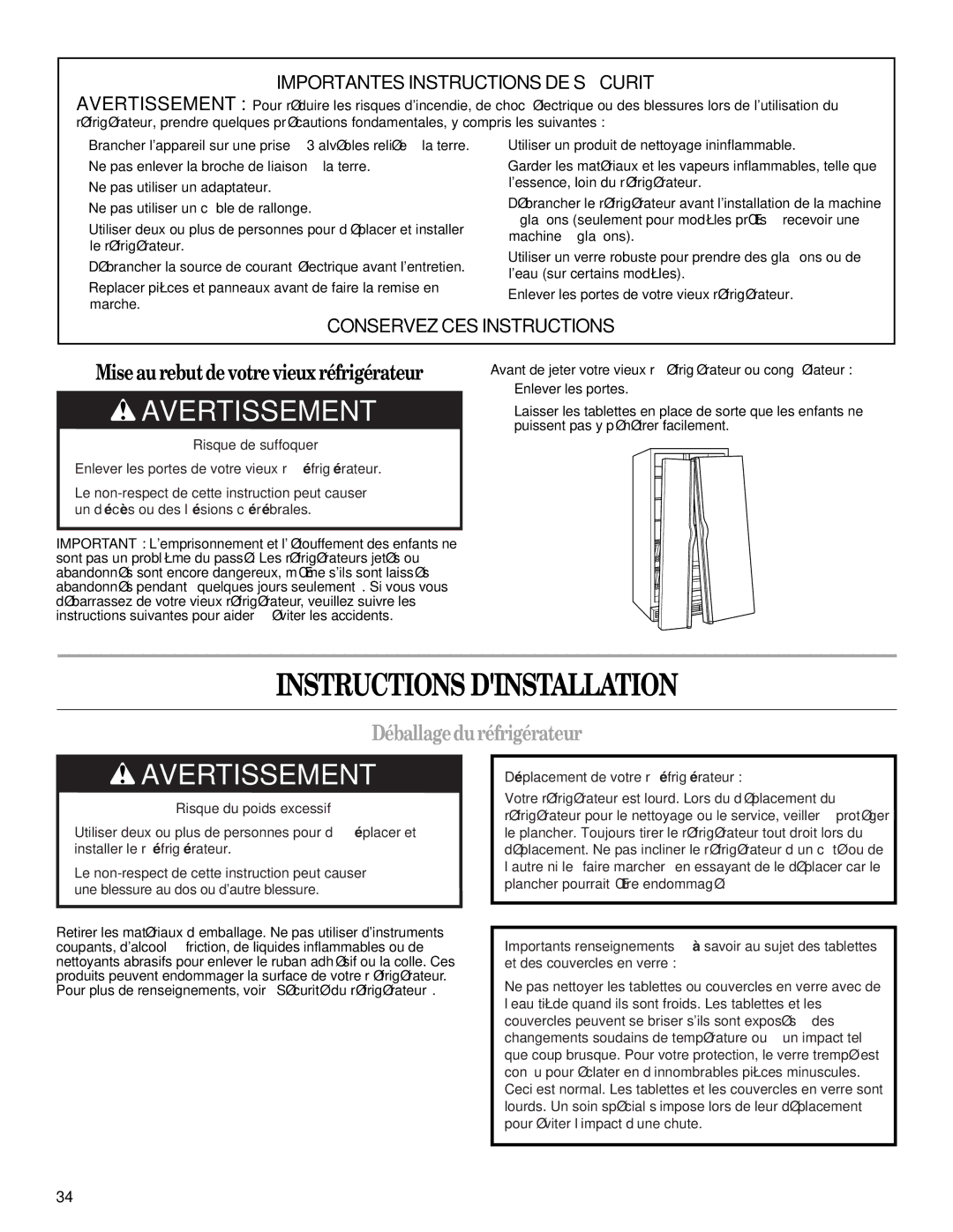 Whirlpool GS6NBEXRL01, GS6NBEXRB01, GS6NBEXRB00 Instructions Dinstallation, Déballageduréfrigérateur, Enlever les portes 