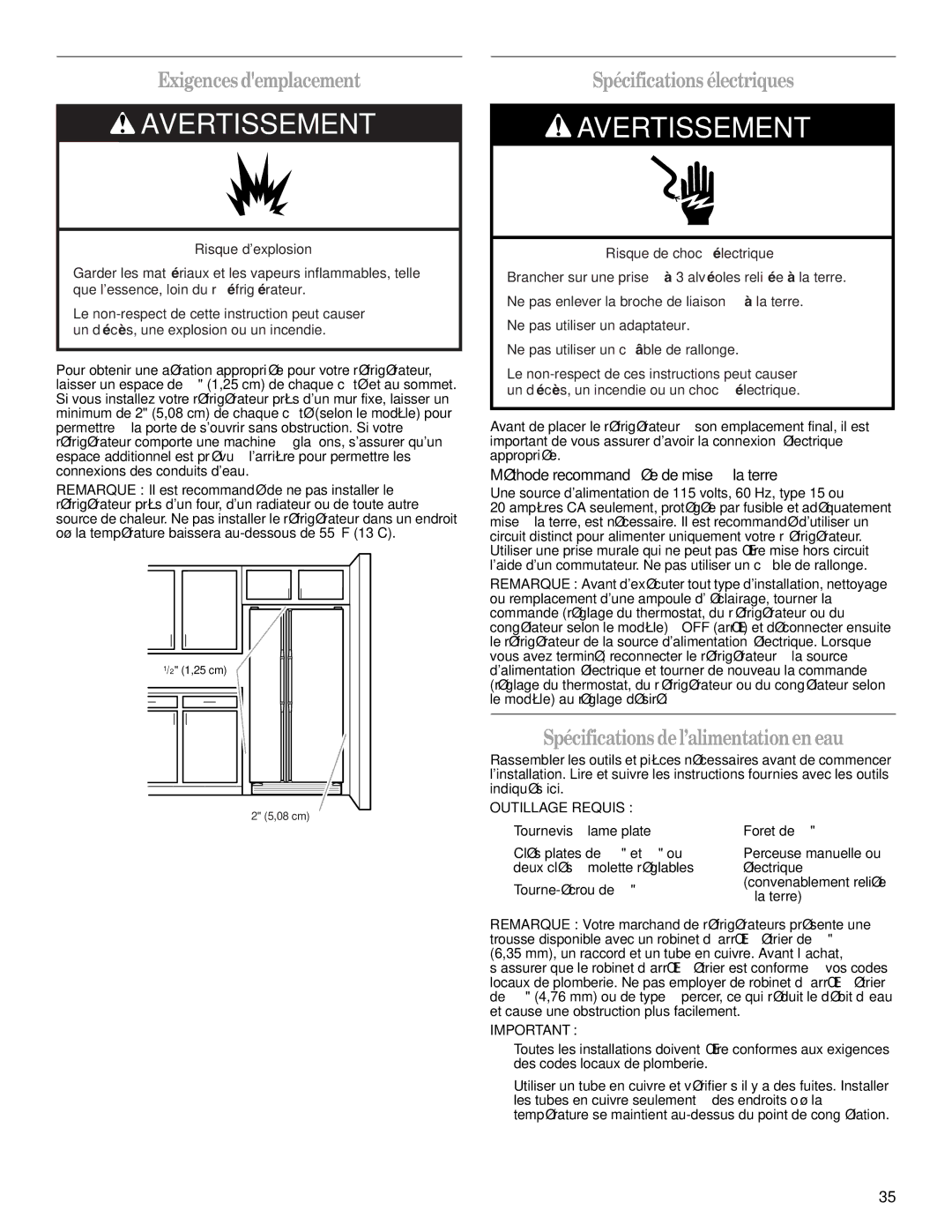 Whirlpool GF6NFEXRQ00 warranty Exigences demplacement, Spécifications électriques, Spécifications del’alimentationen eau 