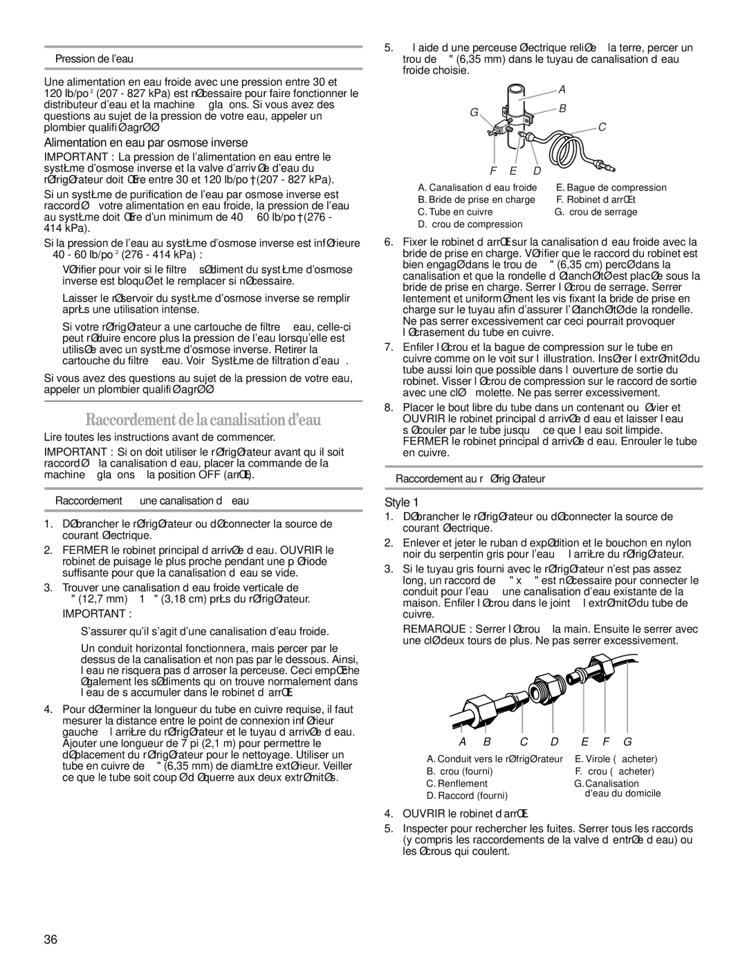 Whirlpool GF6NFEXRB01 warranty Raccordementdelacanalisation d’eau, Alimentation en eau par osmose inverse, Pression de leau 