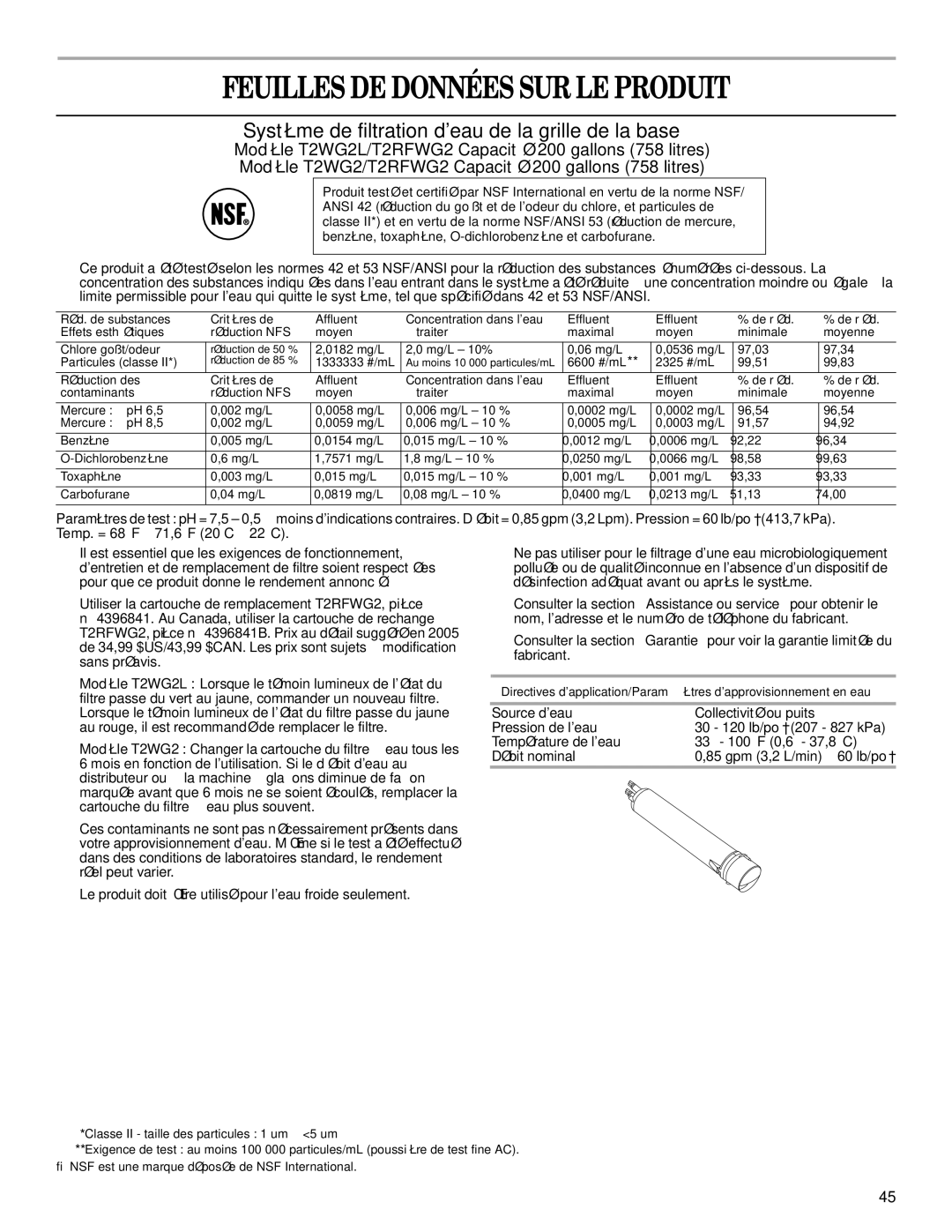 Whirlpool GS6NBEXRT00, GS6NBEXRB01 Feuilles DE Données SUR LE Produit, Système de filtration deau de la grille de la base 