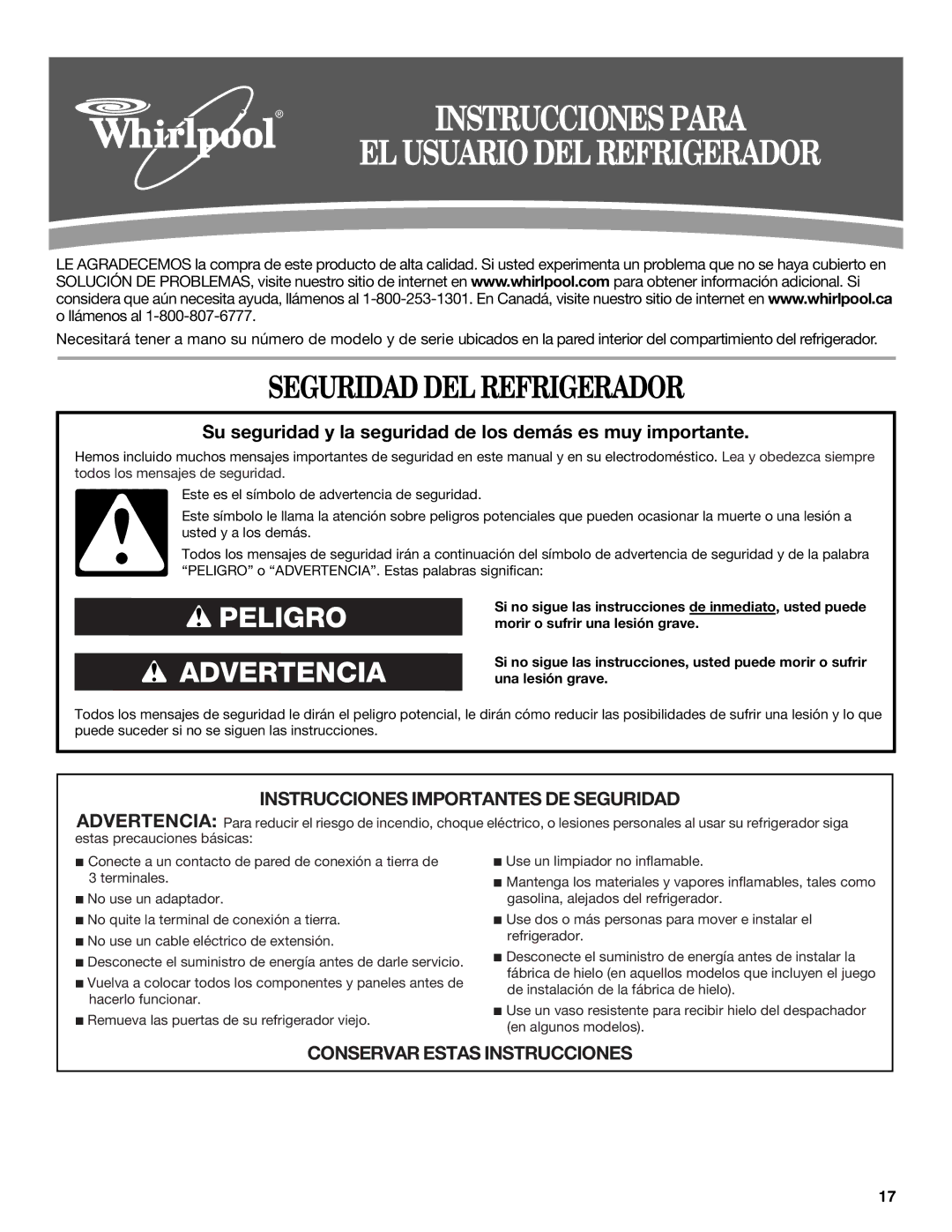 Whirlpool GS6NHAXV installation instructions Seguridad DEL Refrigerador, EL Usuario DEL Refrigerador 