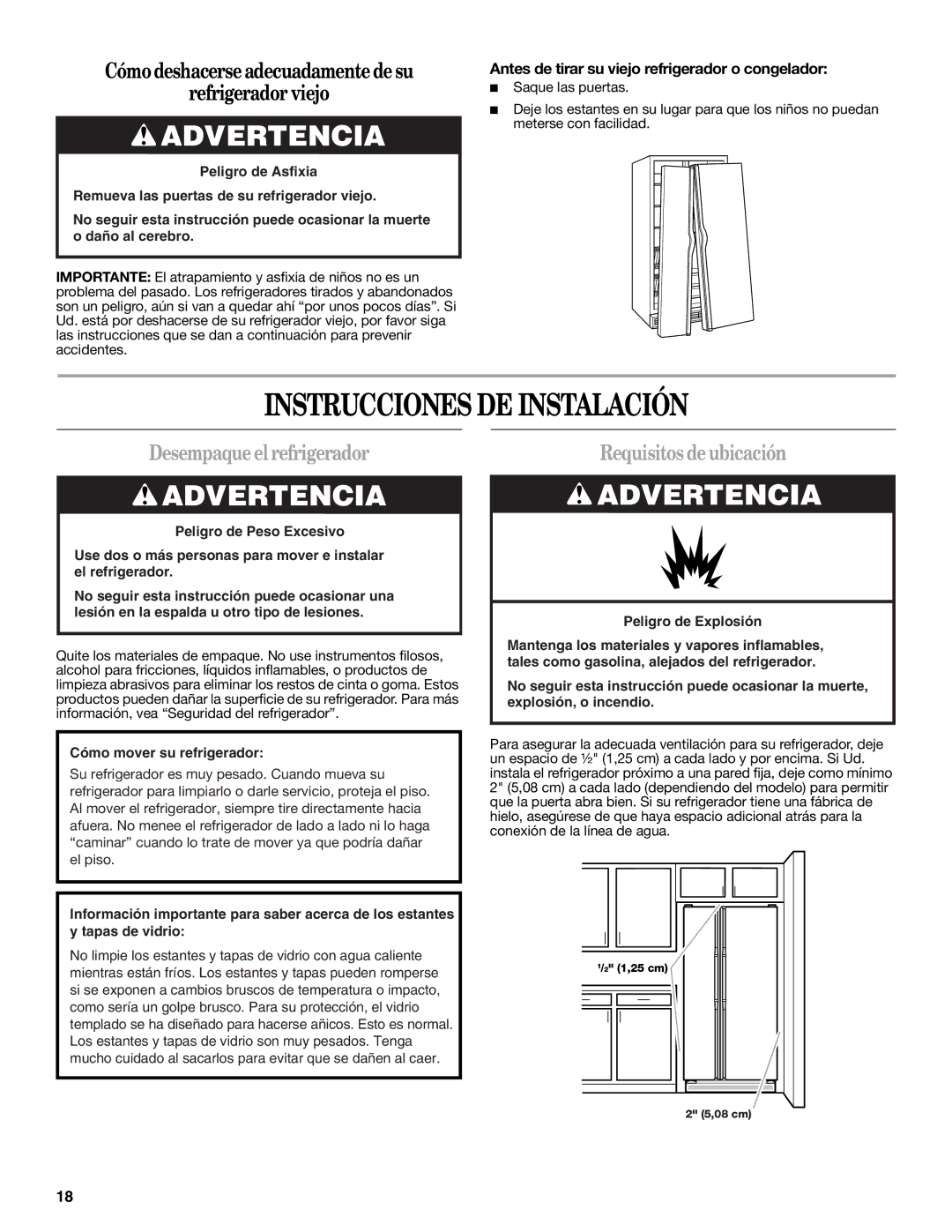 Whirlpool GS6NHAXV Instrucciones DE Instalación, Desempaque el refrigerador, Requisitos de ubicación 