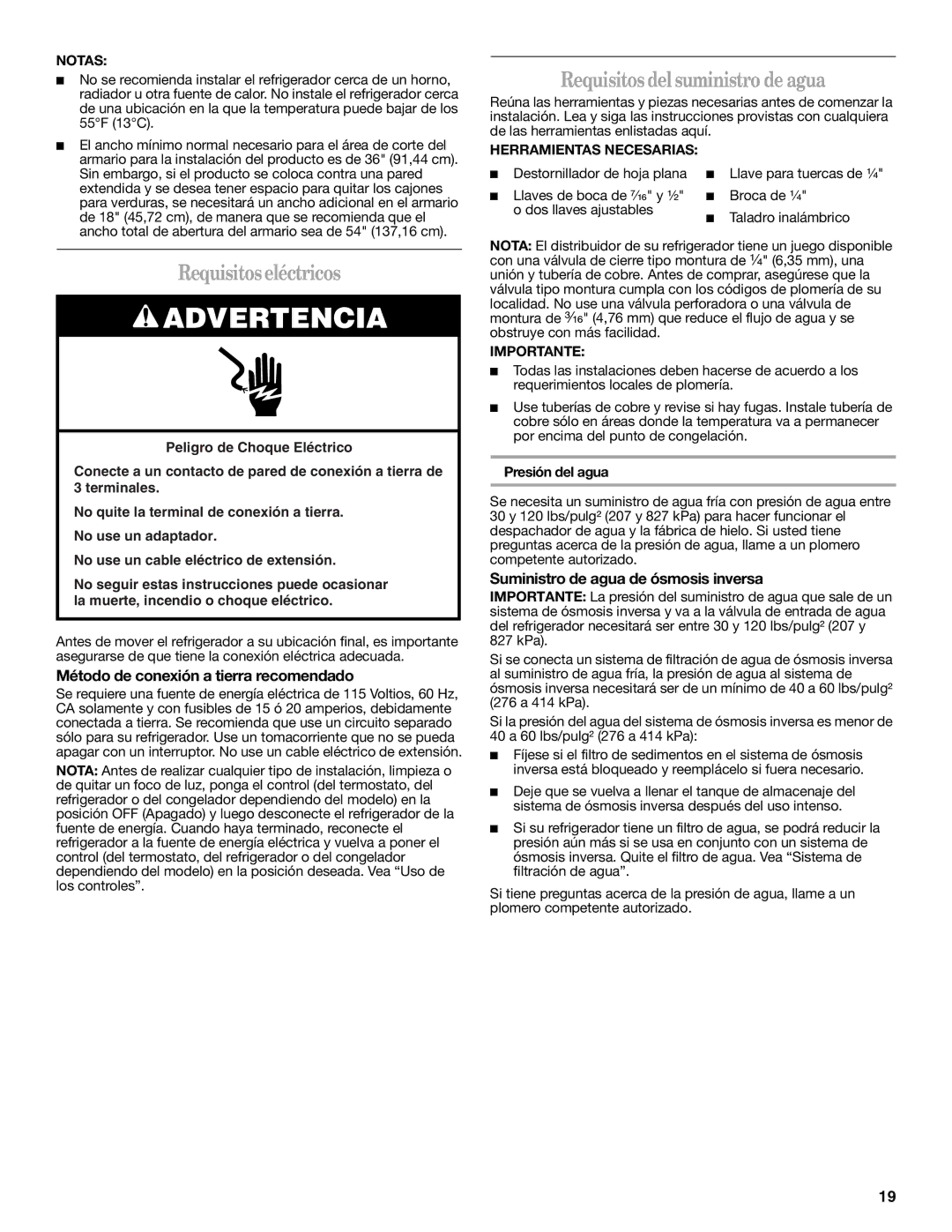 Whirlpool GS6NHAXV Requisitos eléctricos, Requisitos del suministro de agua, Método de conexión a tierra recomendado 