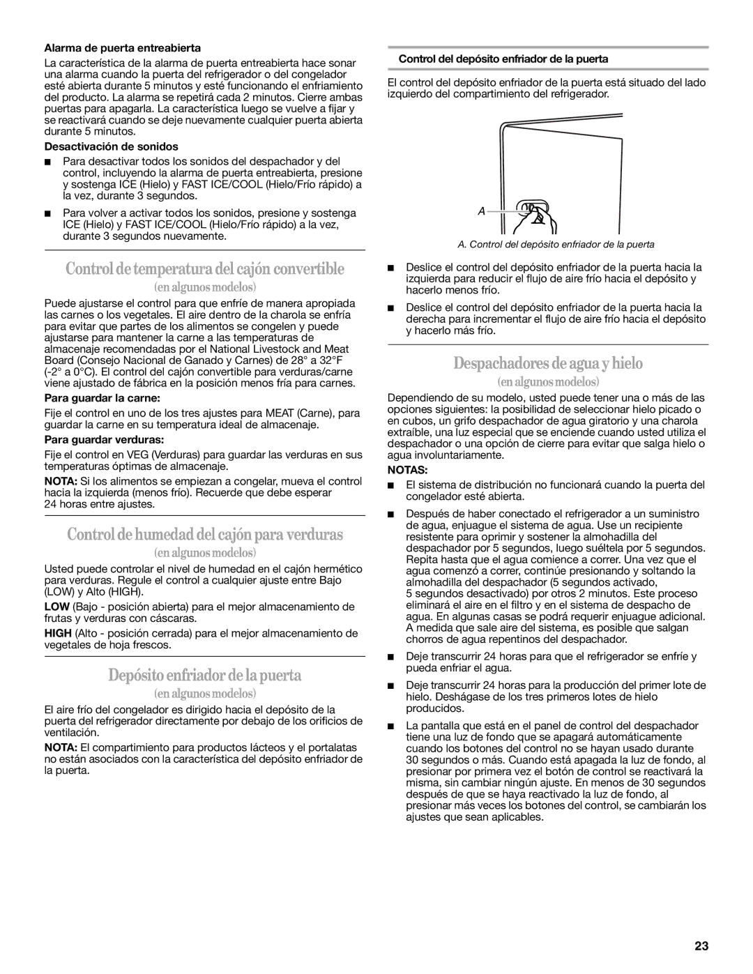 Whirlpool GS6NHAXV installation instructions Depósito enfriador de la puerta, Despachadores de agua y hielo 