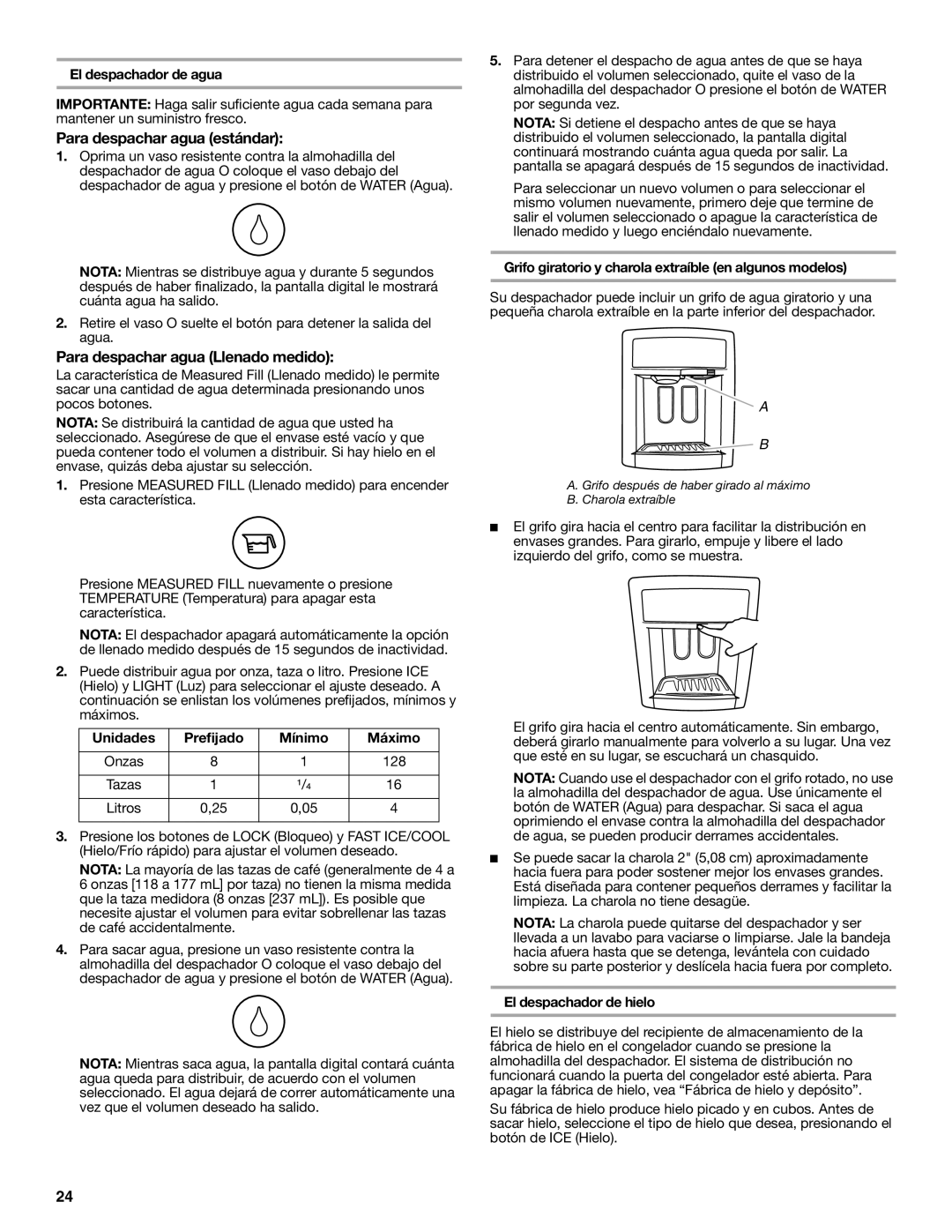 Whirlpool GS6NHAXV installation instructions Para despachar agua estándar, Para despachar agua Llenado medido 