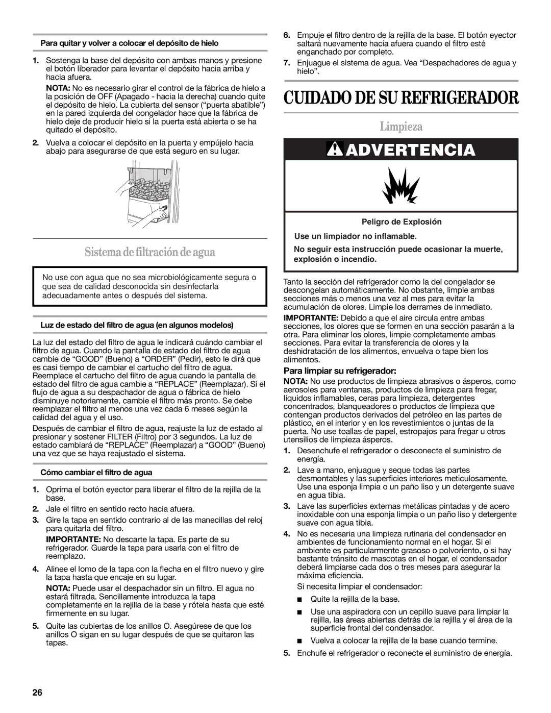 Whirlpool GS6NHAXV installation instructions Sistema de filtración de agua, Limpieza, Para limpiar su refrigerador 