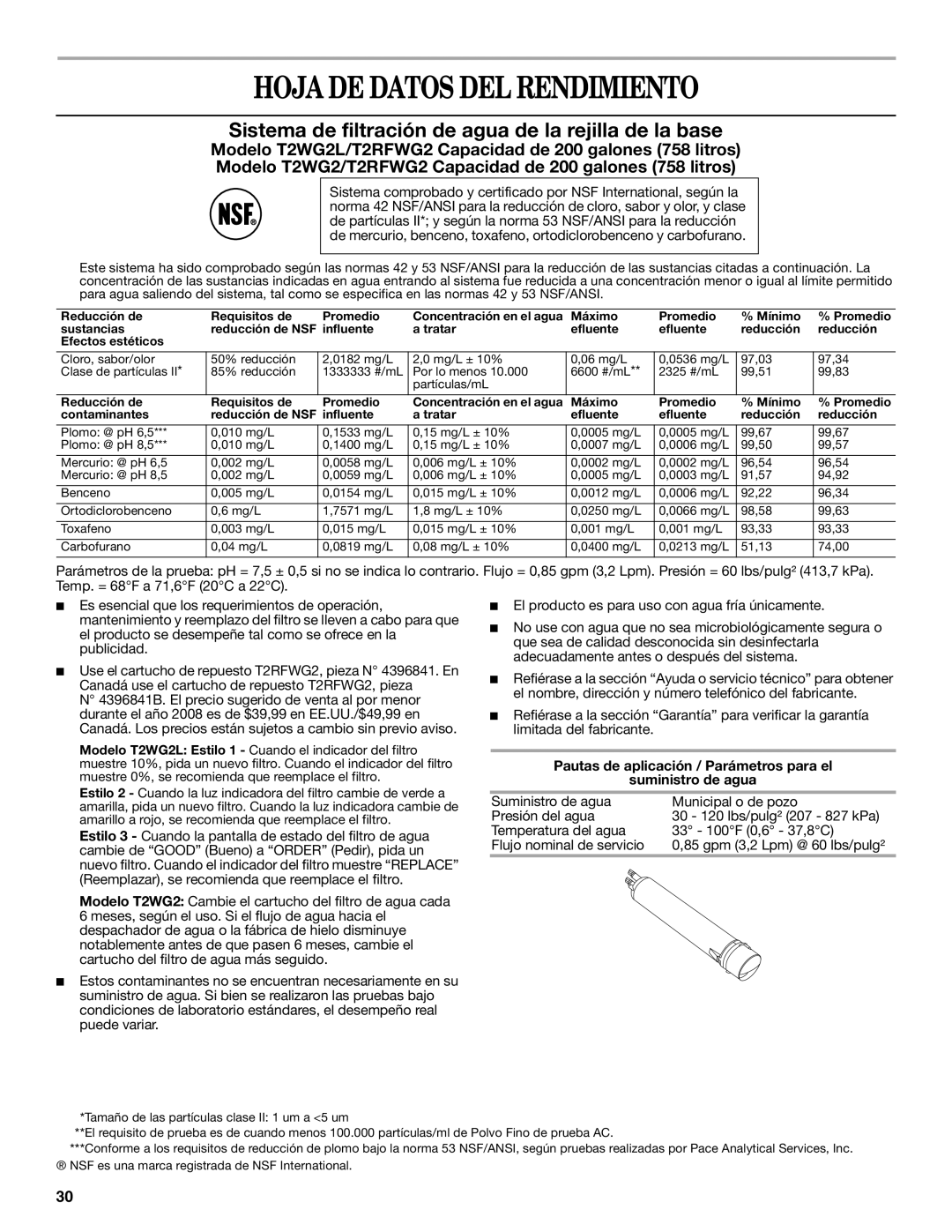 Whirlpool GS6NHAXV Hoja DE Datos DEL Rendimiento, Pautas de aplicación / Parámetros para el Suministro de agua 