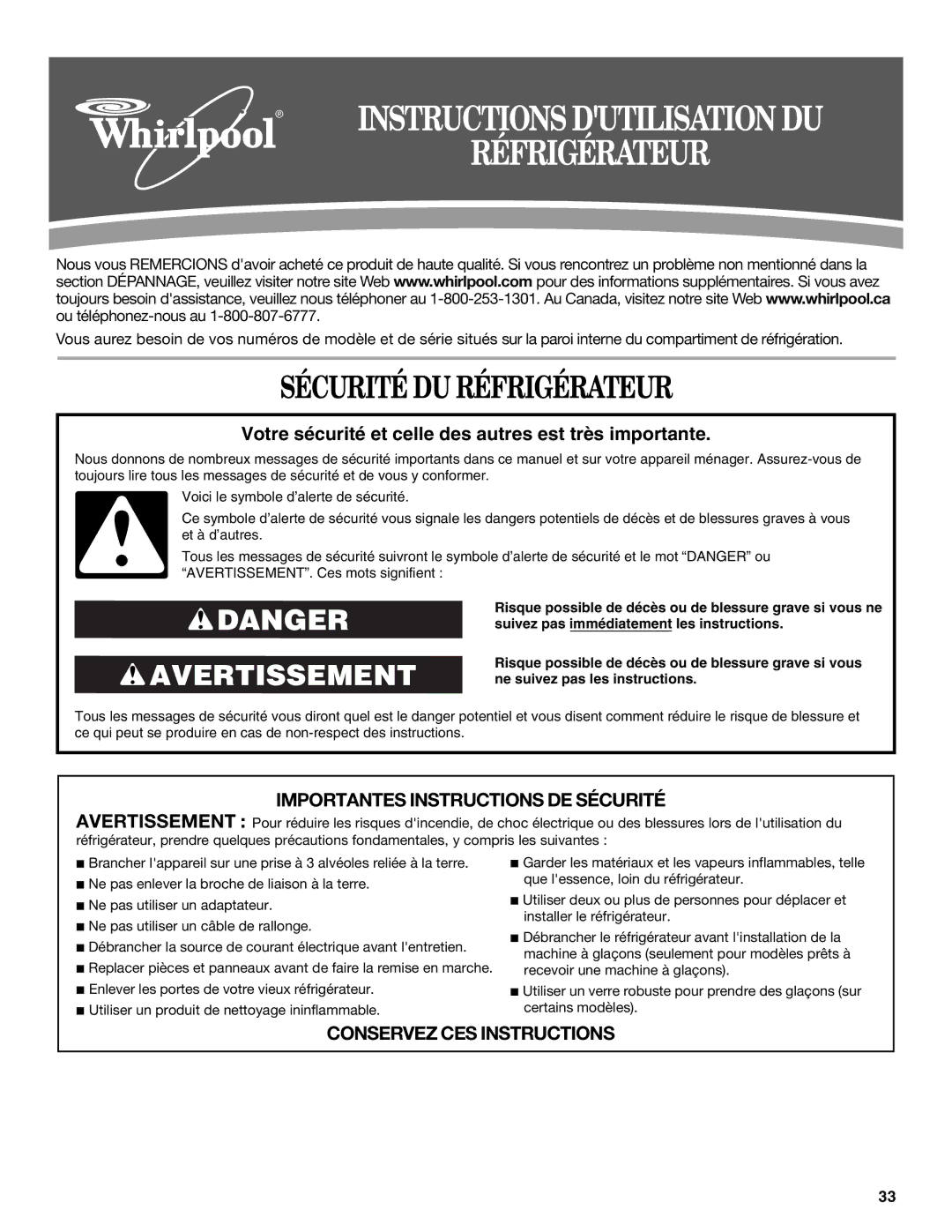 Whirlpool GS6NHAXV installation instructions Sécurité DU Réfrigérateur 