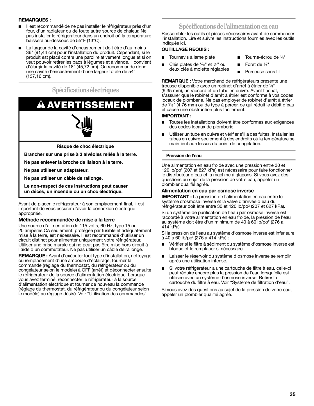 Whirlpool GS6NHAXV installation instructions Spécificationsélectriques, Spécifications del’alimentationen eau 