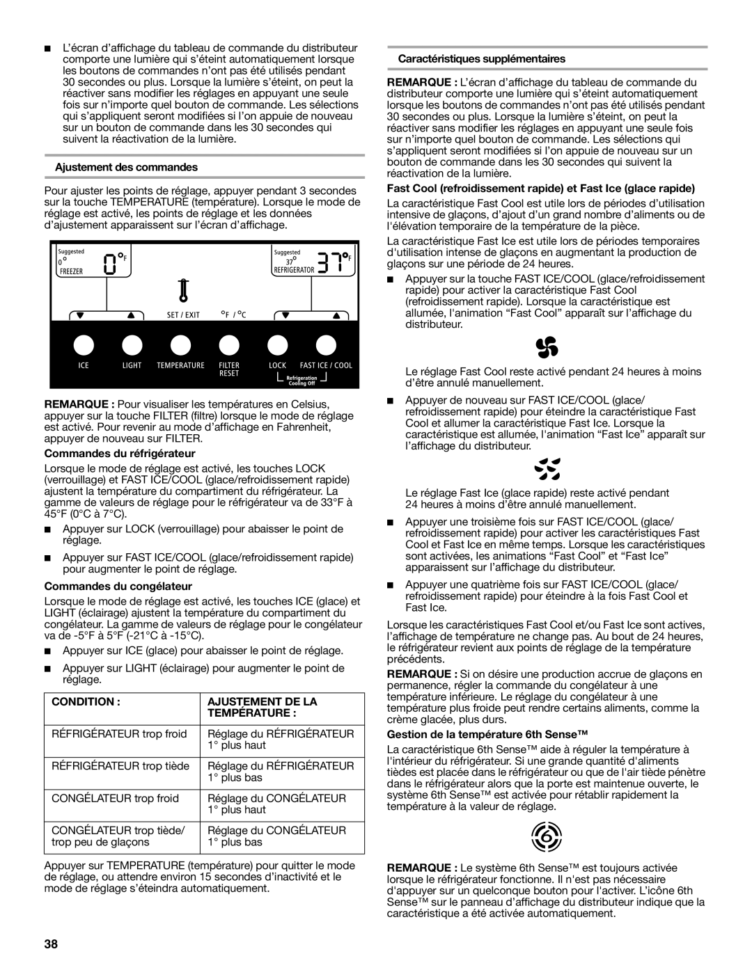 Whirlpool GS6NHAXV installation instructions Condition Ajustement DE LA Température 