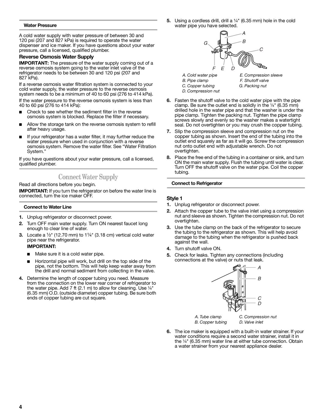 Whirlpool GS6NHAXV installation instructions Connect Water Supply, Reverse Osmosis Water Supply, Style 