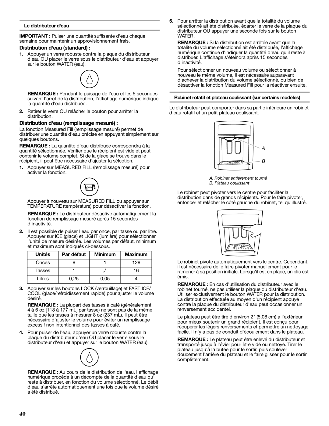 Whirlpool GS6NHAXV Distribution deau standard, Distribution deau remplissage mesuré, Le distributeur deau 