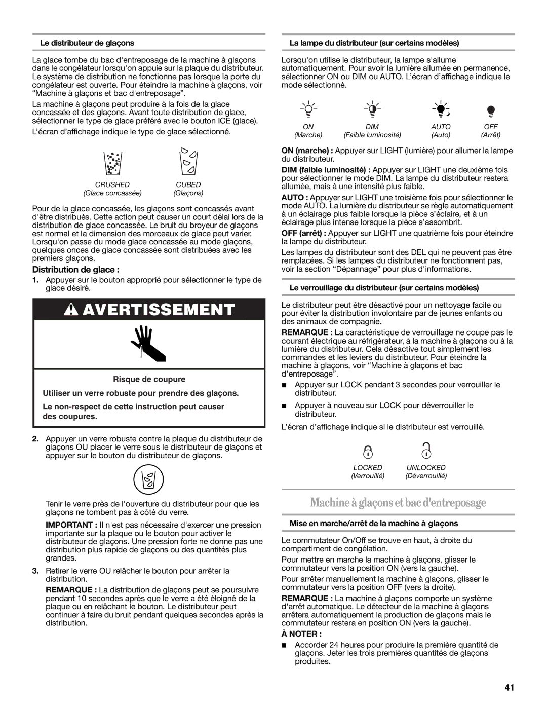 Whirlpool GS6NHAXV installation instructions Machineà glaçons et bac dentreposage, Distribution de glace 